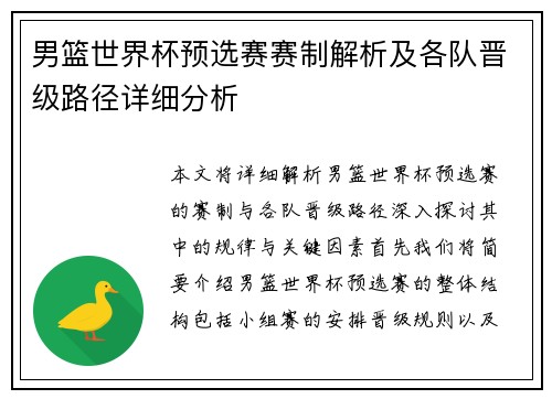 男篮世界杯预选赛赛制解析及各队晋级路径详细分析